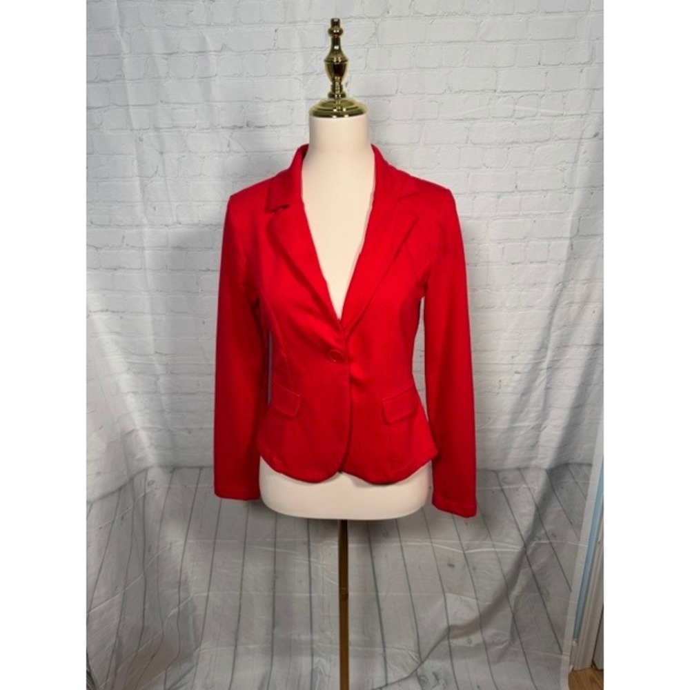 New Directions Red Knit Blazer Peplum Ruffle Hem Women's Small S EUC